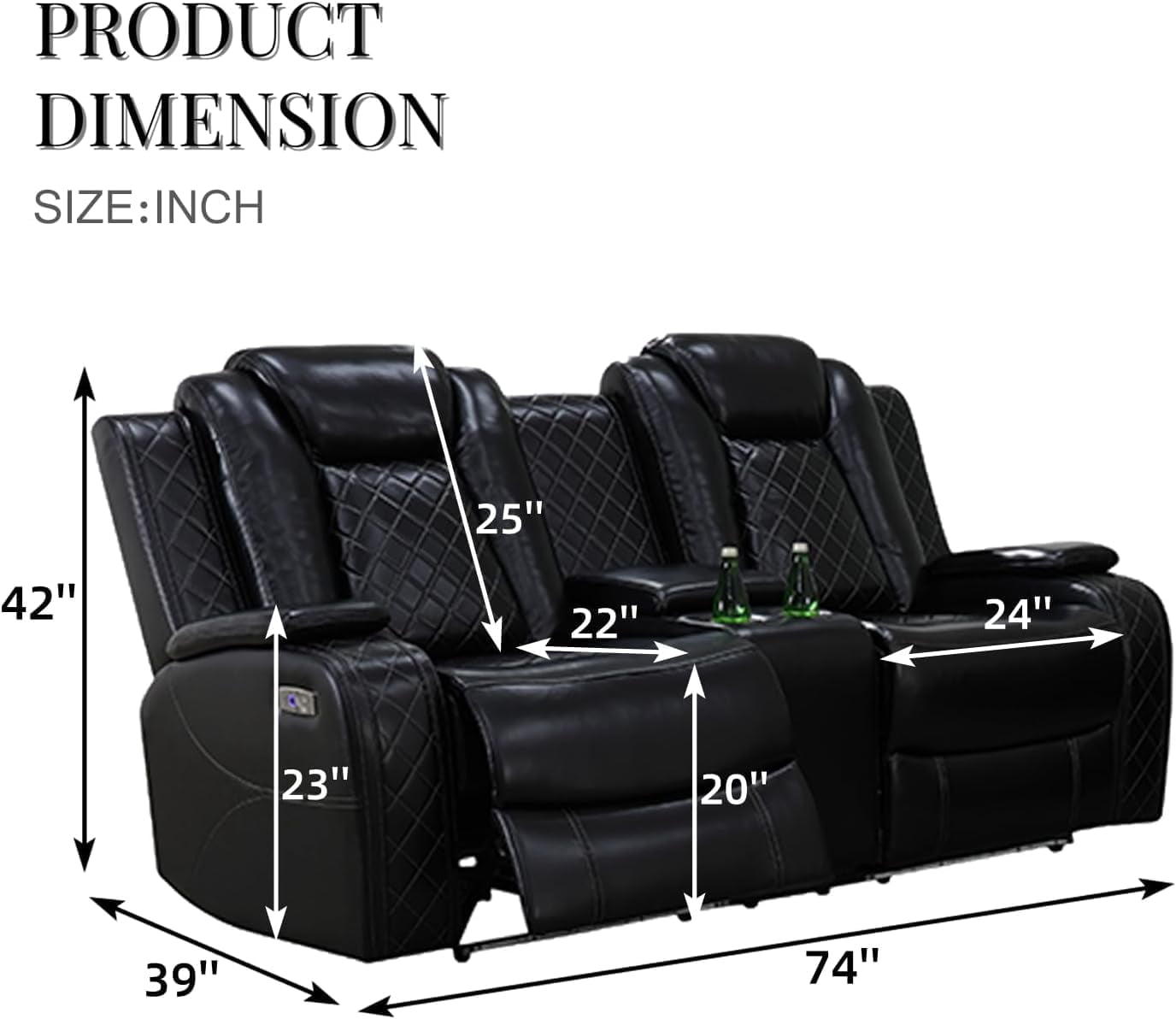 Air Leather Power Recliner Set with LED Lights, USB Port, Wireless Charger, Storage Console & Cup Holder for House, Home Theater & Apt, Black, Loveseat