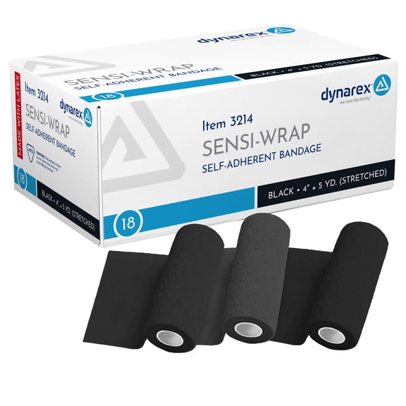 Dynarex Sensi-Wrap Self-Adhesive Bandages, 18-Pack, 4" x 5 yards, Black, Latex, Colored Elastic Cohesive Athletic Tape, Tattoo Grip & Vet Wrap