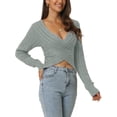 thumbnail image 4 of INSPIRE CHIC Women's Fall Winter Wrap V Neck Long Sleeve Ribbed Knit Crop Sweater Tops L Grey, 4 of 6