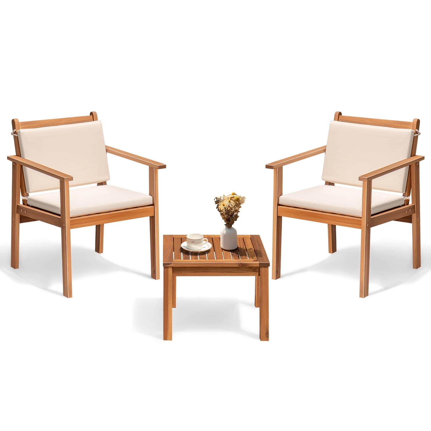 Devoko 3 Pieces Wood Patio Conversation Set Acacia Outdoor Furniture Set with Cushions and Side Table for Porch, Yard and Balcony, Beige