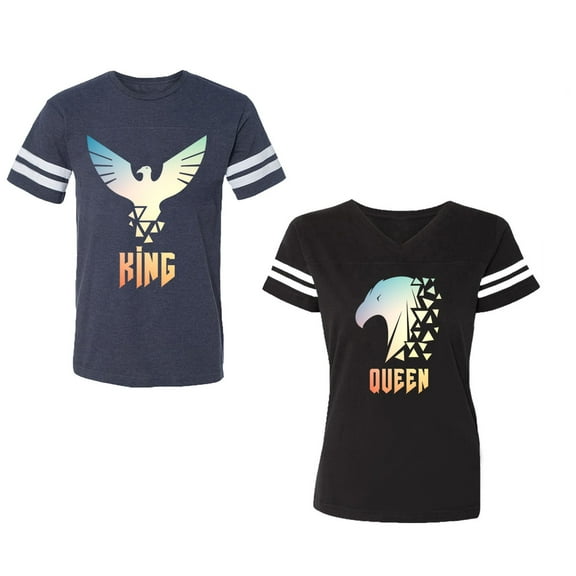 King Queen Eagle Sunny Unisex Couple Matching Cotton Jersey style T-Shirt Contrasting stripes on sleeves (Men Navy / Women Black) (Men S / Women S)