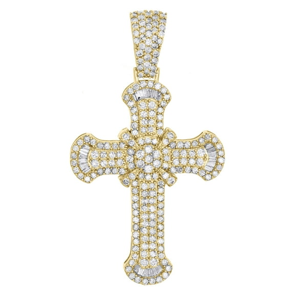 10K Yellow Gold Baguette Diamond Cross Statement Pendant 2.30" Charm 3.25 CT.
