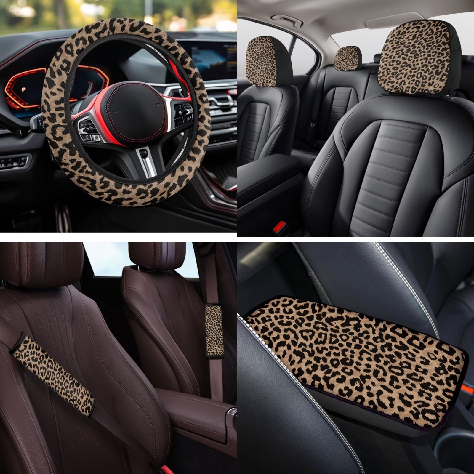 Binienty Leopard Print Auto Seat Covers Full Set 14 Pieces Car Accessories For Women Interior Cheetah Print Car Seat Covers With Steering Wheel Cover High Back Vehicle Bucket Cushion Protection