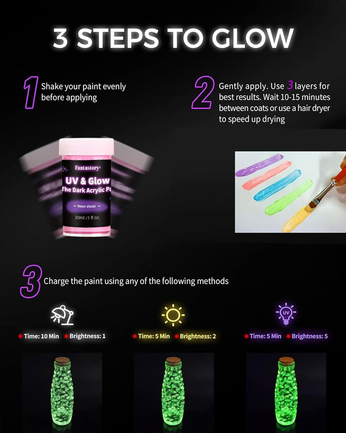 Fantastory Glow in The Dark Paint - 10 Bright Colors (30ml/1oz) for Halloween Decor & Art Painting