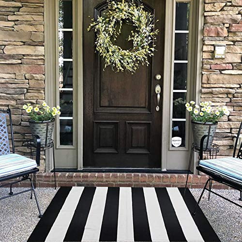Black And White Striped Outdoor Rug 27 5x 43 Inches Front Door Mat Hand Woven Cotton Indoor For Layered Mats Welcome Porch Farmhouse Kitchen Entry Way Com Black And White Striped Outdoor Rug 27, Black And White Indoor Outdoor Rug 4×6