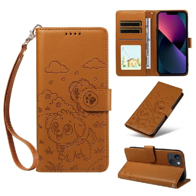 Funda Cartera GANGXUN con Diseño de Perrito en Relieve para iPhone 13 Mini , Protección 360° con Ranuras y Correa Desmontable