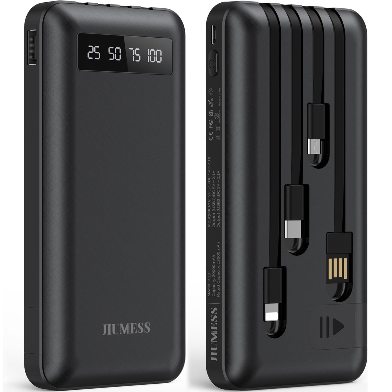 JIUMESS 20000mAh Power Bank Portable Charger with Cables Compatible for iPhone, Android Cell Phone
