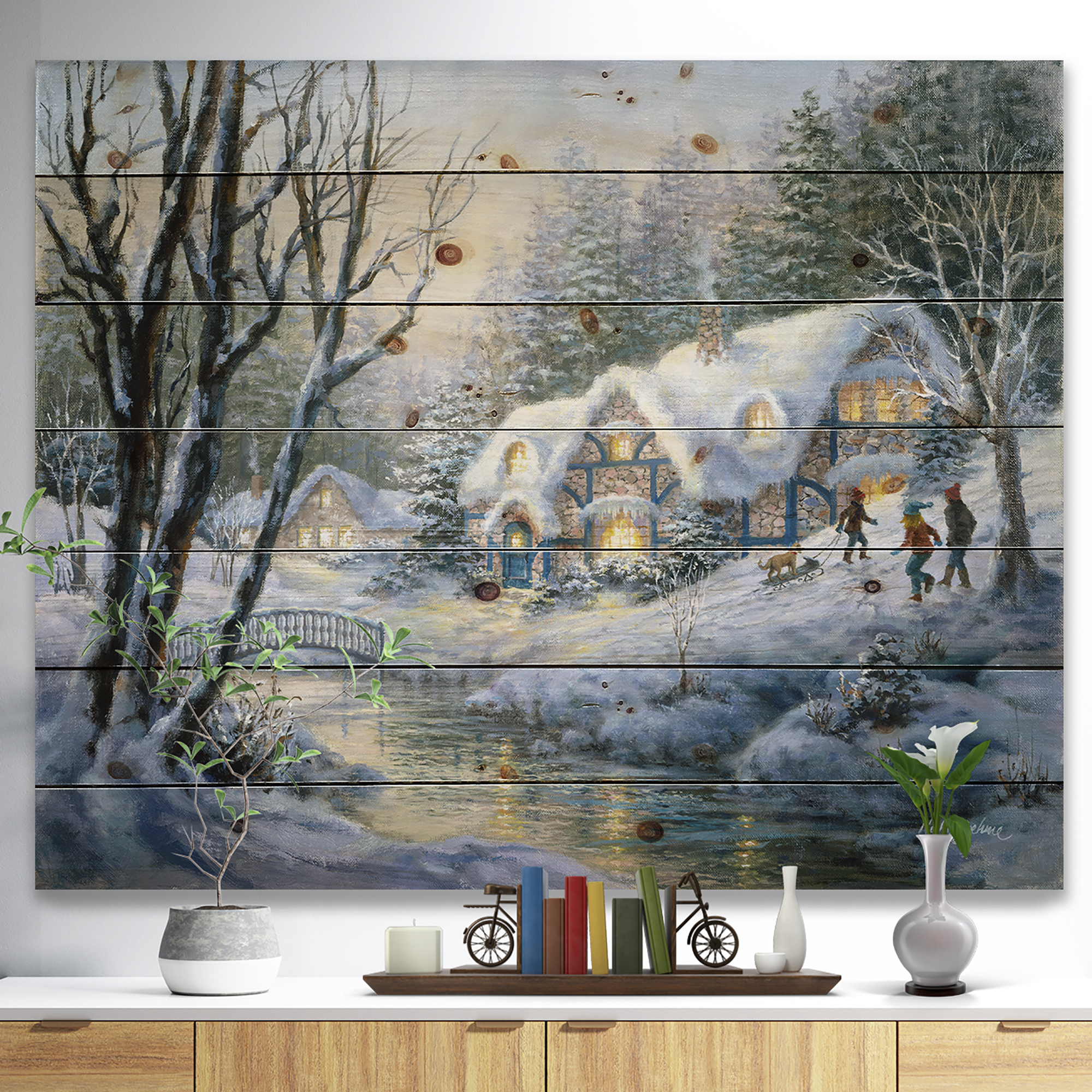 Designart 'Christmas evening Winter Frolic' Print on Natural Pine Wood
