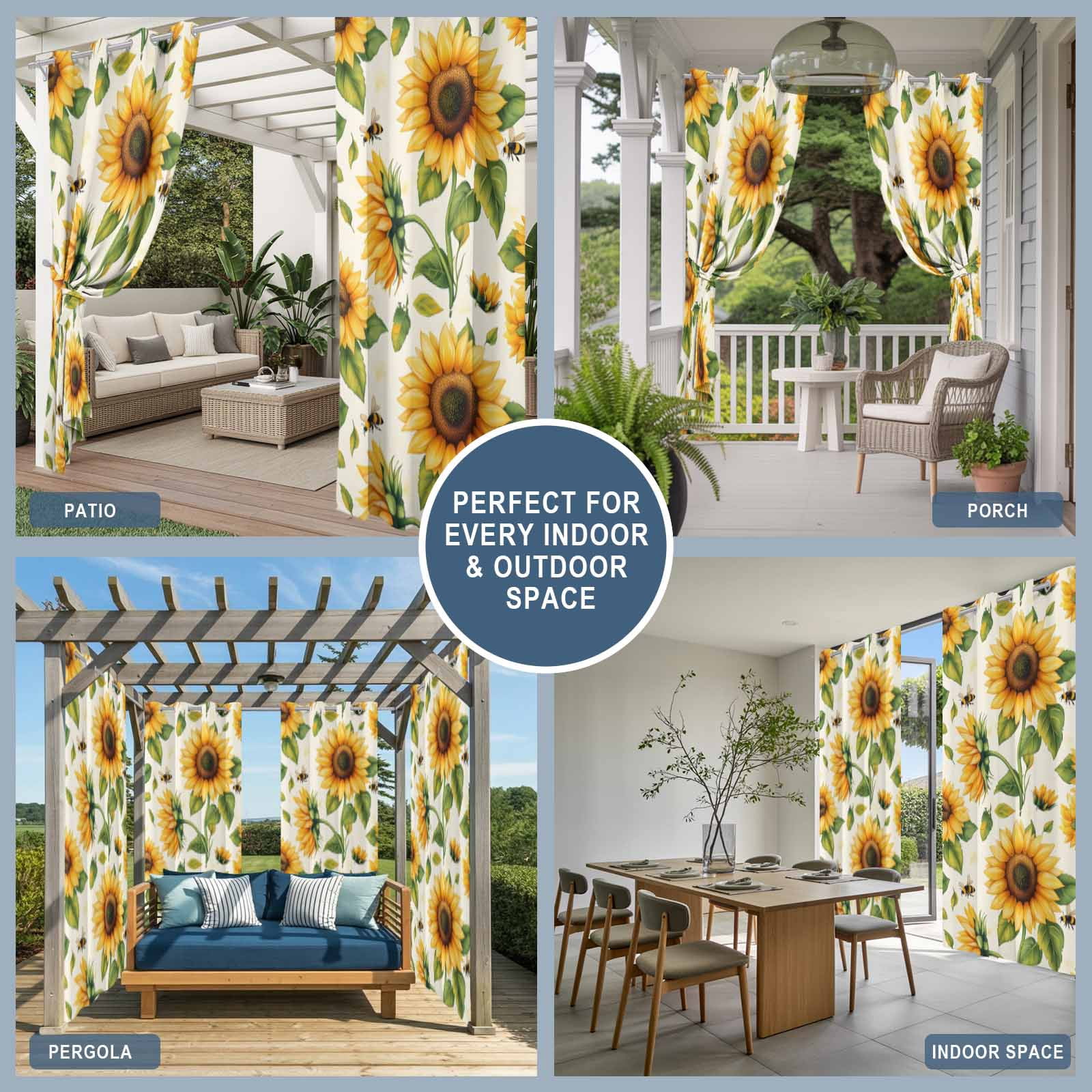 Summer Floral Outdoor Curtains for Patio, Watercolor Flowers Romantic Sunflower Farmhouse Bee Waterproof Outside Curtains Privacy Blackout Curtain for Porch Pergola Cabana, 1 Panel 54W x 84L Inch