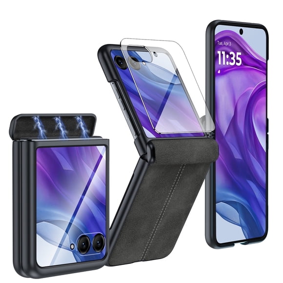 Vizvera para Motorola Razr 50 Ultra 2024/Razr 60 Pro 2025, con Protector de Pantalla y Funda de Teléfono a Prueba de Golpes de Cuero PU Ultrafino Mate PC - Negro