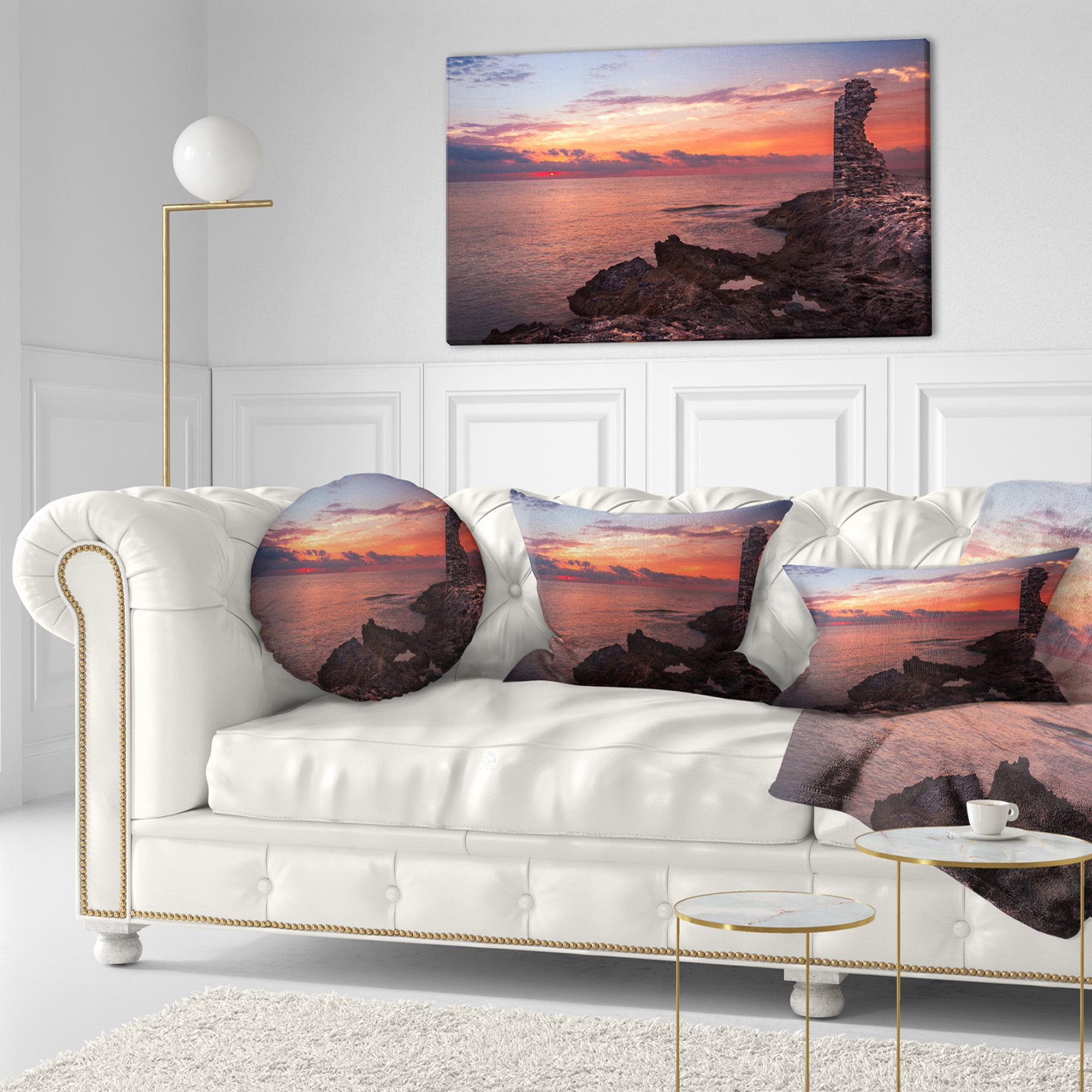 Designart Red Rocky Beach with Ancient Ruins - Oversized Beach Throw Pillow - 12x20