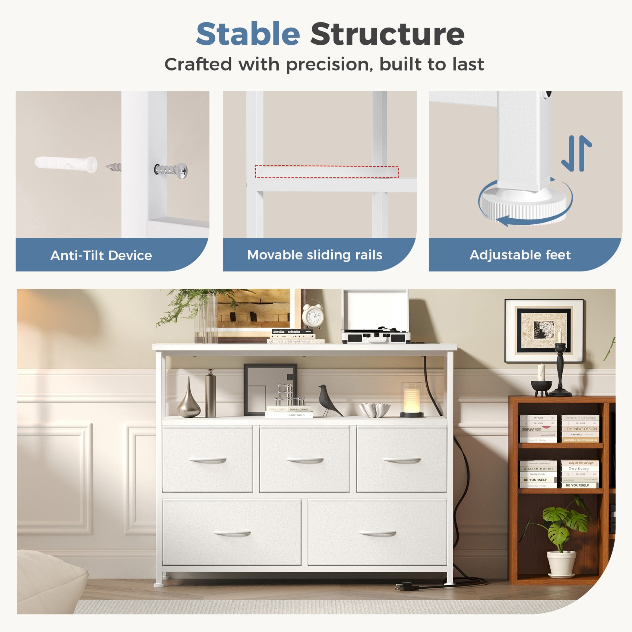 CONCETTA 39.3'' 5 Drawer Dresser with Charging Station, Fabric Storage Chest of Drawers for Bedroom, Living Room, Entryway, White
