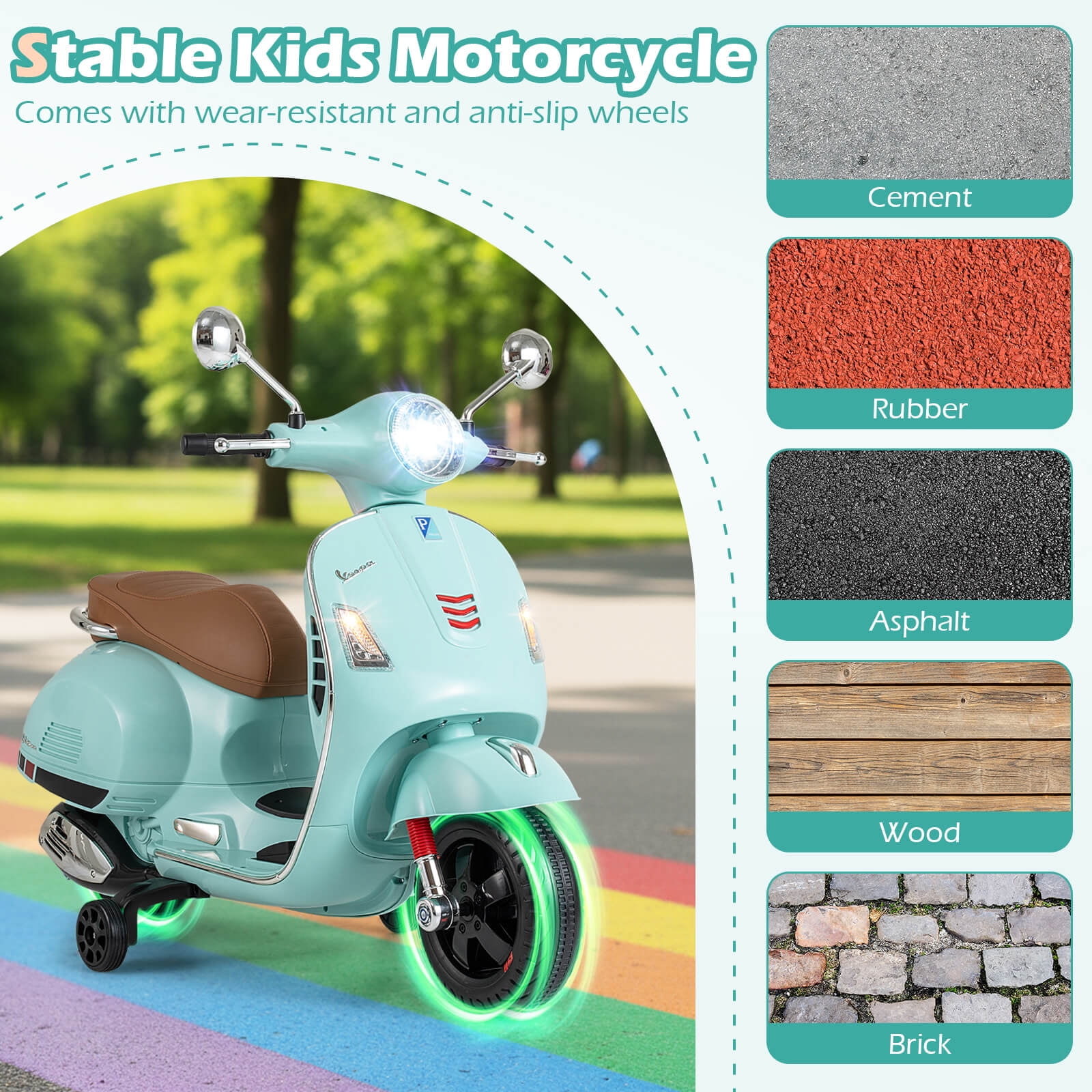 Costway Licensed VESPA 12V Kids Electric Motorcycle with Music Horn Story Training Wheels Green