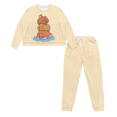 HELLHERO Capybara Printed Pajama Set for Women Soft Sleepwear Crewneck Loungewear Long Sleeve Shirt and Pajama Pants Lounge Sets S