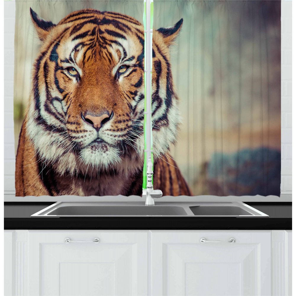 Tiger Curtains 2 Panels Set, Large Feline in a Calm State with Blurred