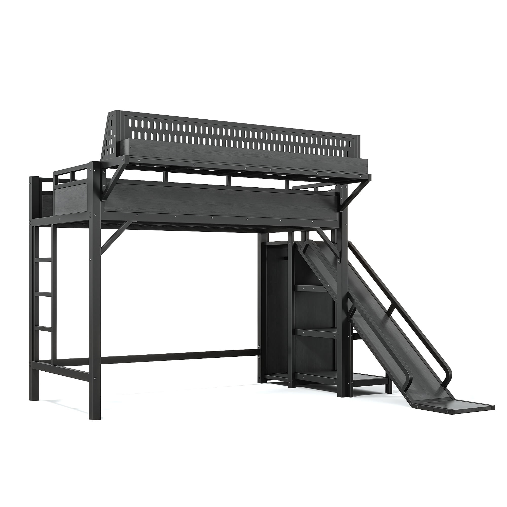 Aukfa Twin XL Metal Loft Bed with Slide, Shelves, Wardrobe, USB Ports & LED Lights, Space-Saving Bed Frame for Kids Teens Adults, Black