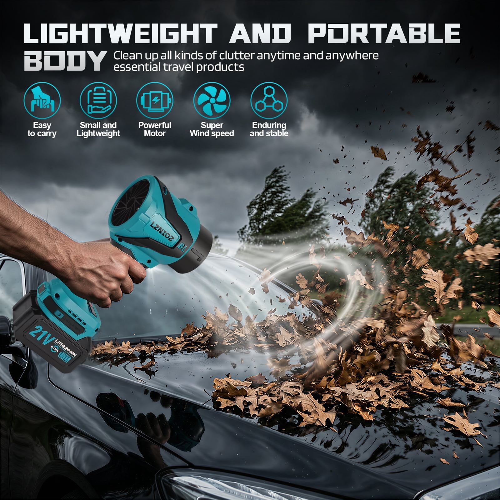 LZNIOZ 200 MPH 500 CFM 21V Battery Powered Handheld Leaf Blower and Vacuum Brushless Leaf Blower with 2 x 4.0Ah Batteries and Charger