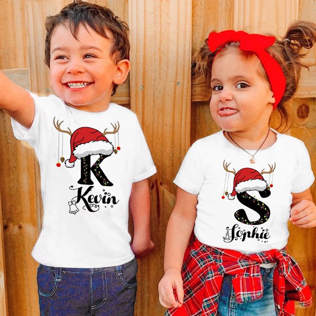 Camisetas navideñas personalizadas con nombre e iniciales personalizadas, ropa infantil de manga corta, camiseta para niños y niñas, atuendo de fiesta, camiseta para niños