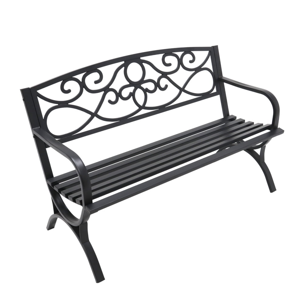 Abble Outdoor Steel Patio Bench, Cast Iron Scroll Back Garden Bench