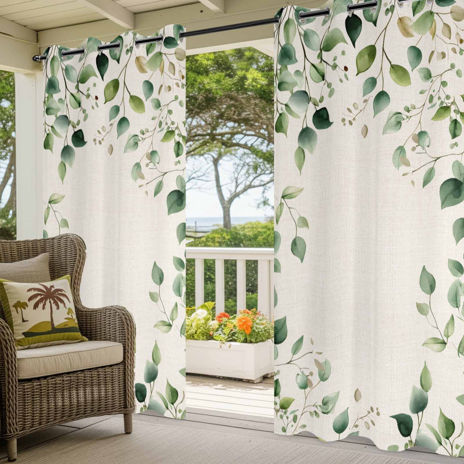 Outdoor Curtains for Patio Waterproof, Eucalyptus Leaf Windproof Pravicy Outside Porch Blackout Curtain, Watercolor Green Plant Vintage Country Sun Blocking Grommets Curtains for Cabana 54"x95"