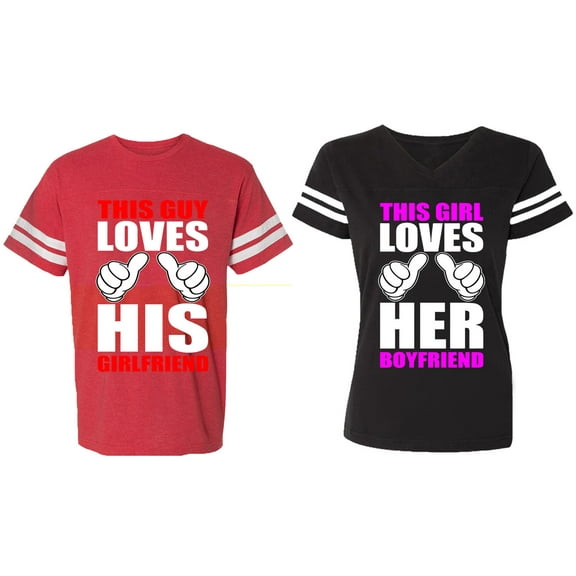 This Guy Lovs His Her Girlfriend Boyfriend Matching Couple Cotton Jerseys (Men Red / Women Black) (Men S / Women S)