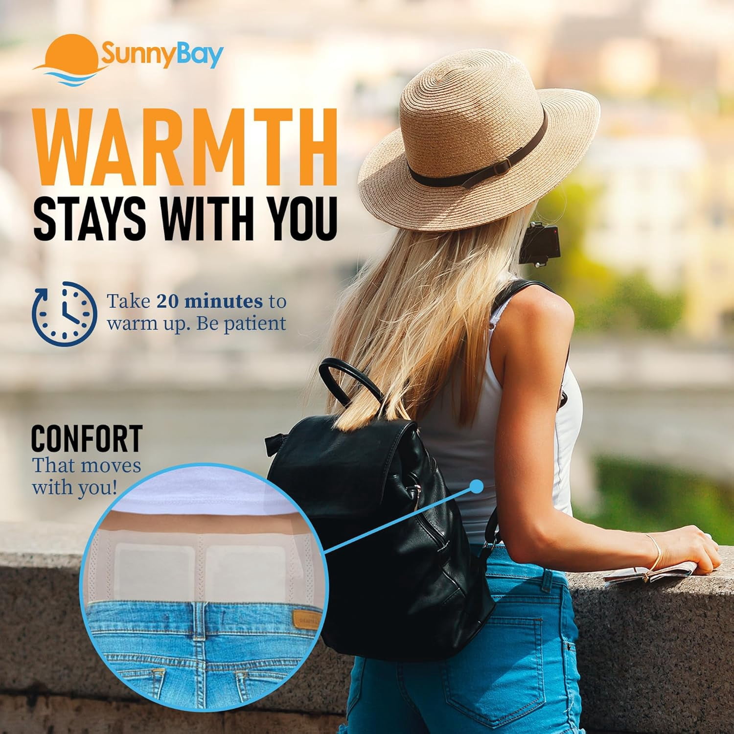 SunnyBay 24-Pack Pain Relief Patches for Lower Back Pain, 4 Wearable belts 42 inches long, Air-Activated Disposable Heat Pads for Menstrual Cramps, Neck, Shoulder, and More, Up to 113 °F Heat Therapy