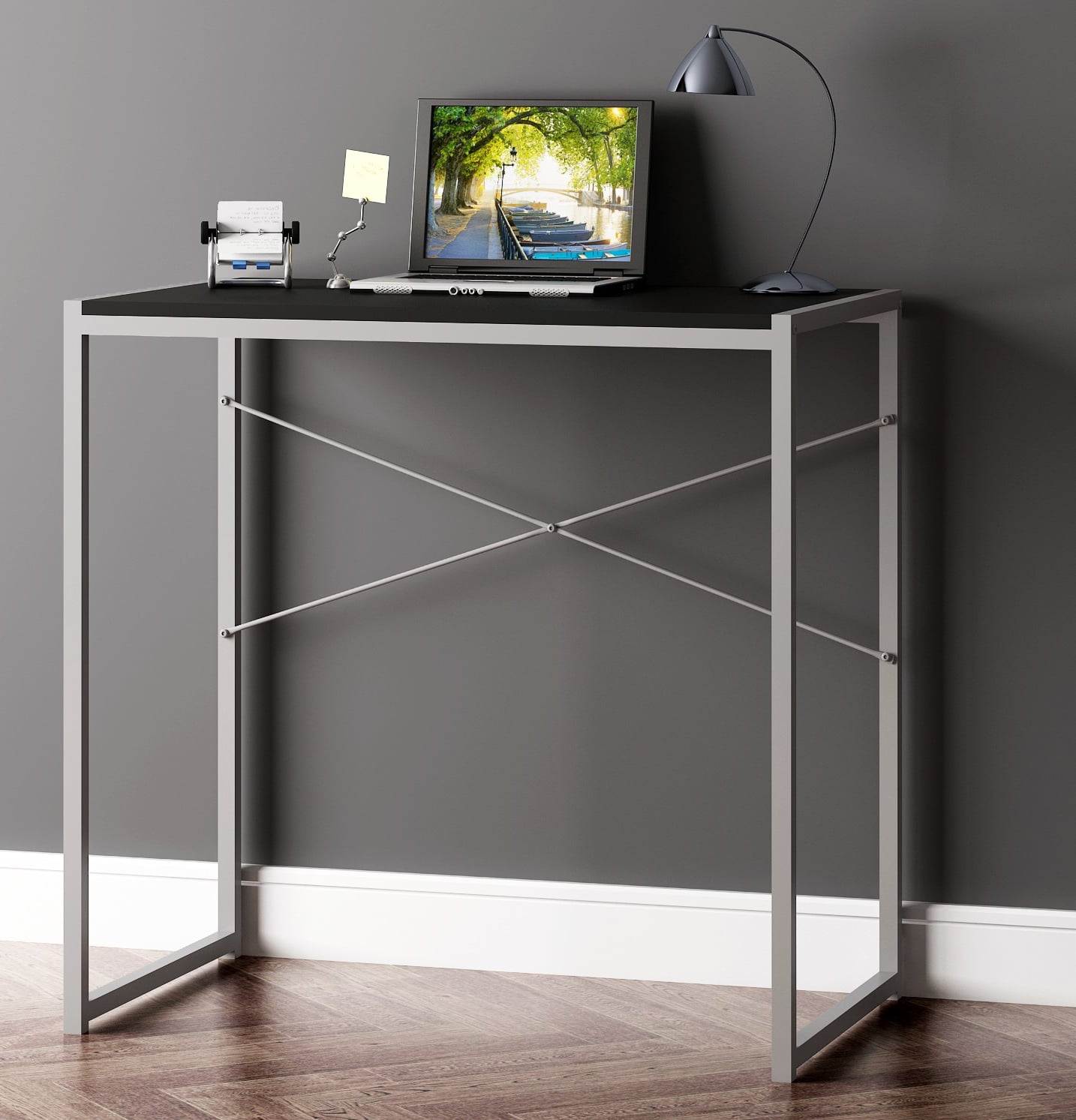 eHemco Multifunction Rectangular Home Office Writing Study Desk with Black Top and Silver Legs