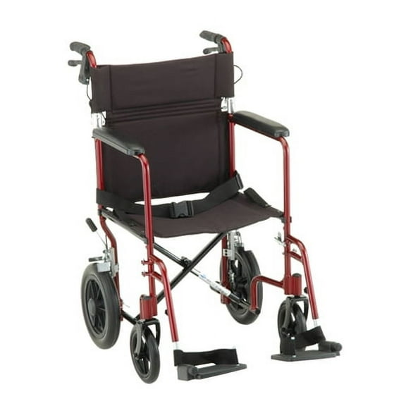 XIRQI 19" Lightweight Transport Chair with 12" Rear Wheels & Hand Brakes, Red