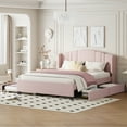 thumbnail image 2 of Upholstered Platform Bed with Wingback Headboard, One Twin Trundle and 2 Drawers, No Box Spring Needed, Linen Fabric, Queen Size, Pink, 2 of 11