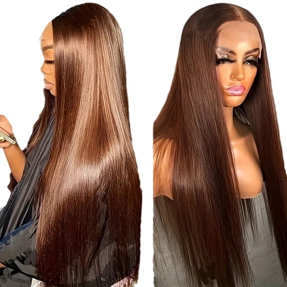 Brown wig with front lace trim medium-length straight hair