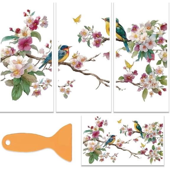 3 Sheets/Set Rub on Transfers for Crafts 12x6 Inch Branch Bird PVC Furniture Decals Reusable Waterproof Transfers Self-Stick Flower Pattern Transfer with Scraper for Dressers Cabinets Window