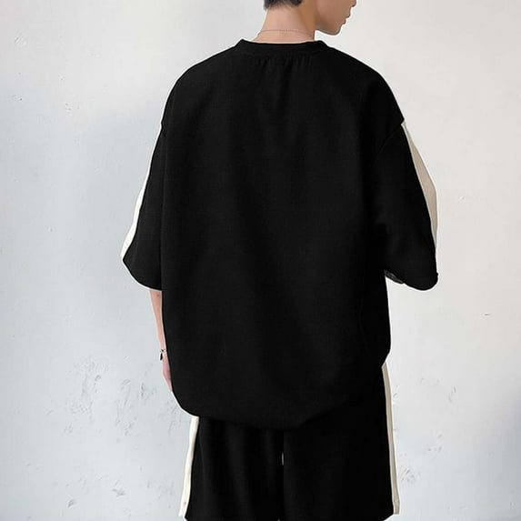 Akiihool Shirts And Shorts for Men Outfit Short Sleeve Beach Set Tracksuit (Black,XL)