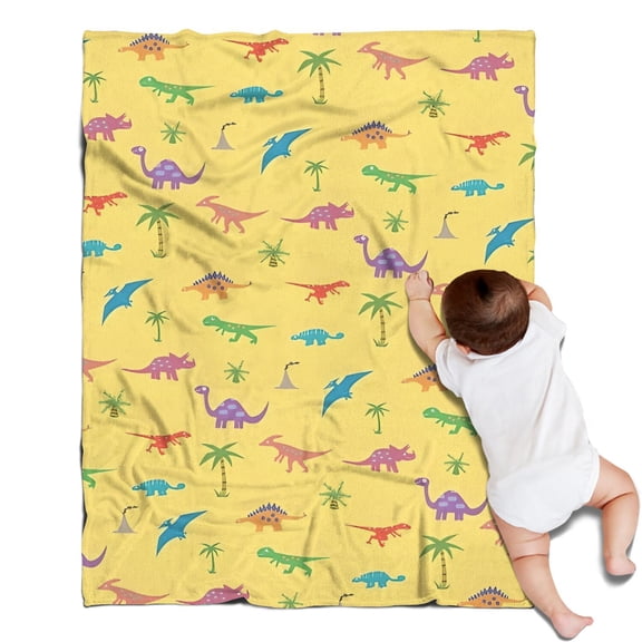 Yellow Dinosaurs Palms Pattern Blanket,Comfortable Soft Flannel Throw Blanket,All Season,Warm Lightweight Blankets for Sofa Bed Couch Living Room Chair,30"x40"