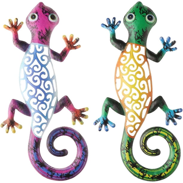 Decoración de pared de Gecko de metal, 2 piezas de escultura de pared de Gecko colgante, decoración de arte de pared de metal para exteriores e interiores, para patio, porche, hogar, patio, céspe