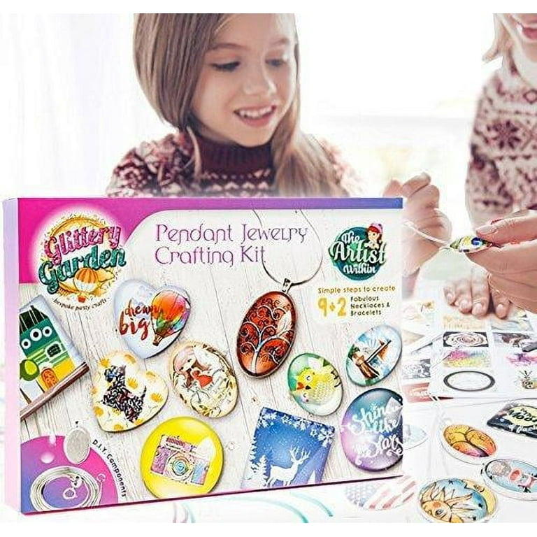 Glittery Garden Girls Jewelry Making Kit. DIY Necklace Pendant and Bracelet Crafting Set with Glass Beads and Charms - Fashion Accessories Arts and Crafts Supplies.
