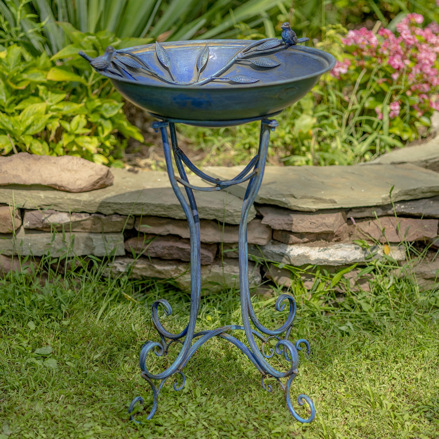 Zaer Ltd. Deep Well Made Metal Birdbath with 2 Cast Iron Birds and Leaf Decoration (Frosted Blue)