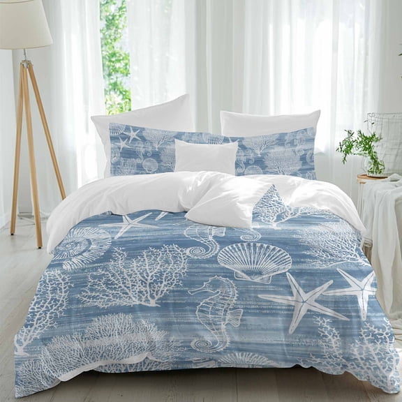 Blue Coastal Twin Size Comforter Set, Nautical Starfish Seahorse Coral Summer Bedding for All Seasons, 4 Pcs Bed Set, 1 Quiltcover (68"x86") ,1Sheet(67"x116"), 2Pillowcases (30"x20")