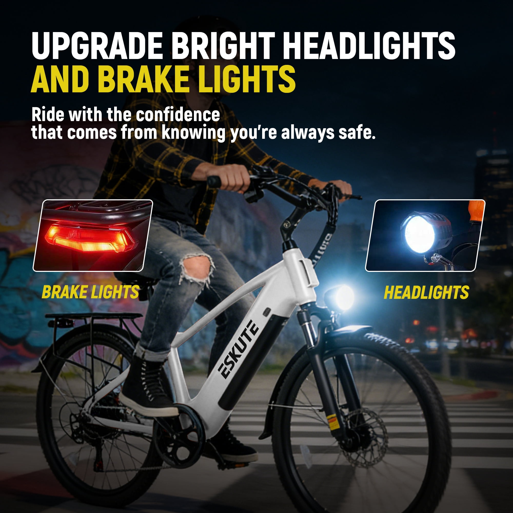 ESKUTE Adult Electric Bike – 70-Mile Range, 1300W Peak Motor, 28MPH, 840Wh Removable Battery, 26" Tires, 7-Speed Adjustable Stem, Step-Over Ebike, White with Phonebag & Lock