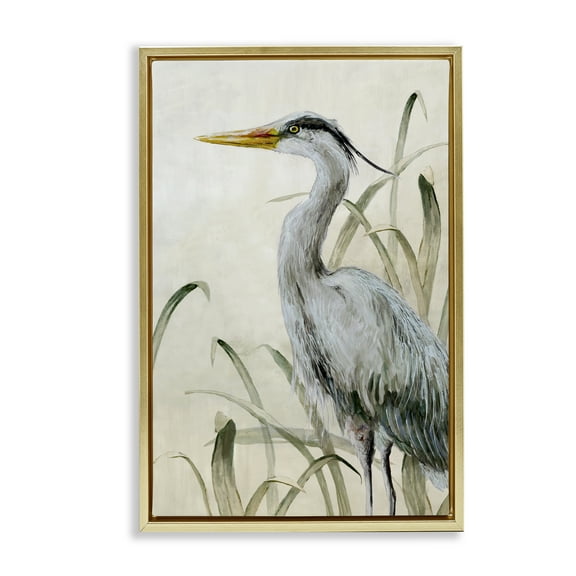Stupell Industries Heron with Traditional Grasses Animals Painting Gold Floater Framed Canvas Art Print Wall Art, 21 x 31