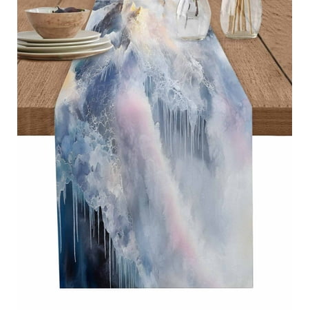 

Table Runner Dresser Scarves 36 Inch Long Abstract Snow Mountain Scenery Linen Dining Table Runners Natural Glacier Marble Texture Tabletop Scarf for Wedding Holiday Party Kitchen