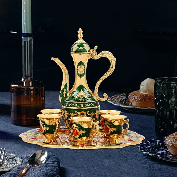 Autrinix Turkish Teapot and Tea Set, 6 Teacups, Antique Gold Carving, Decorative Tea Tray, Ideal for Tea Lovers and Special Occasions