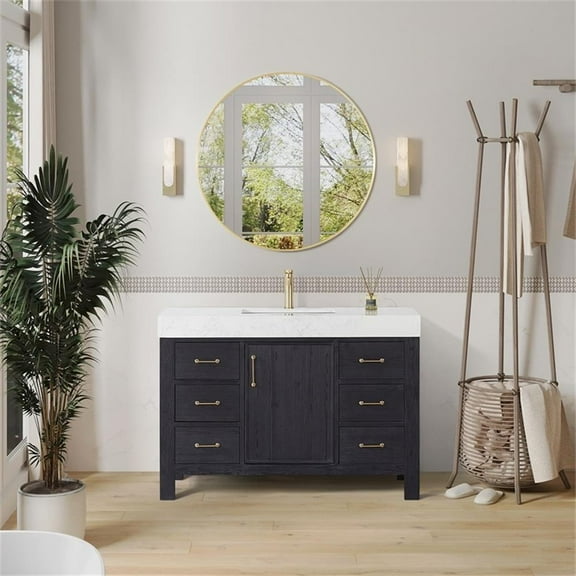 Leon 48" Single Bathroom Vanity in Fir Wood Black w/Lightning White top&Mirror