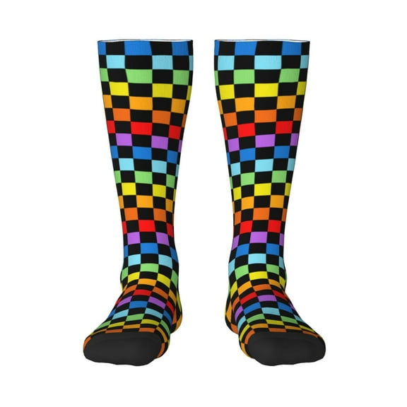 Naloa Rainbow Chequerboard Thigh High Socks Extra Long Stretchy Sock Women Over Knee High Opaque Stocking Daily Wear