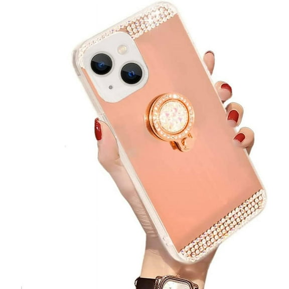 for iPhone 13 Diamond Glitter Case Mirror Makeup Cute for Girls Women Protective Cover with Bling Crystal Rhinestone Ring Holder Finger Grip Stand Kickstand Case for iPhone iPhone 13 6.1"