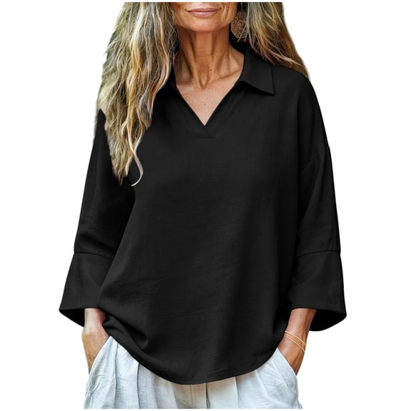 3/4 Sleeve V-Neck T Shirts Women Summer Tees Female Casual Loose Solid Color Pullover Tops T-Shirt