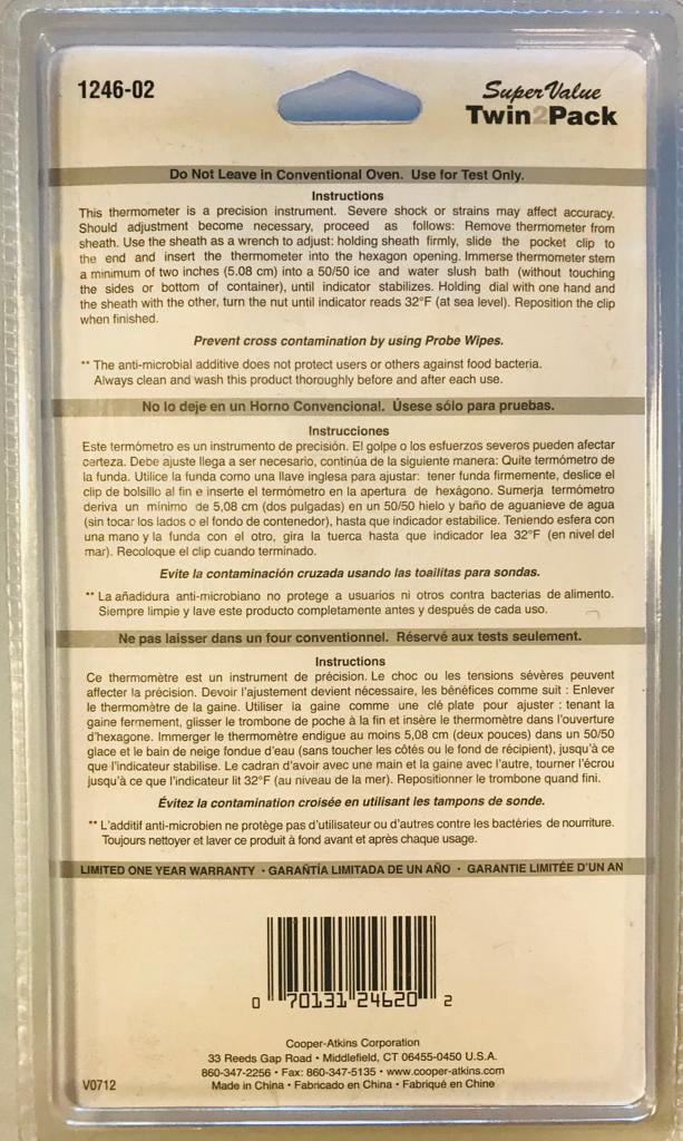 COOPER Atkins 1246-02-2 Bi-Metal Pocket Test Thermometer with Adjustment Sheath, NSF Certified, 0/220°F Temperature Range (Pack of 2), Silver