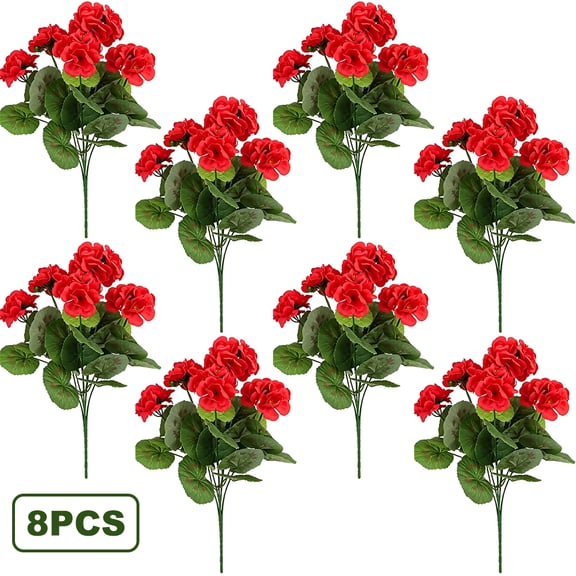 Red Artificial Geranium Flowers, UV Resistant Faux Flowers for Outdoors Garden Table Home Christmas Decor, 8 Pcs