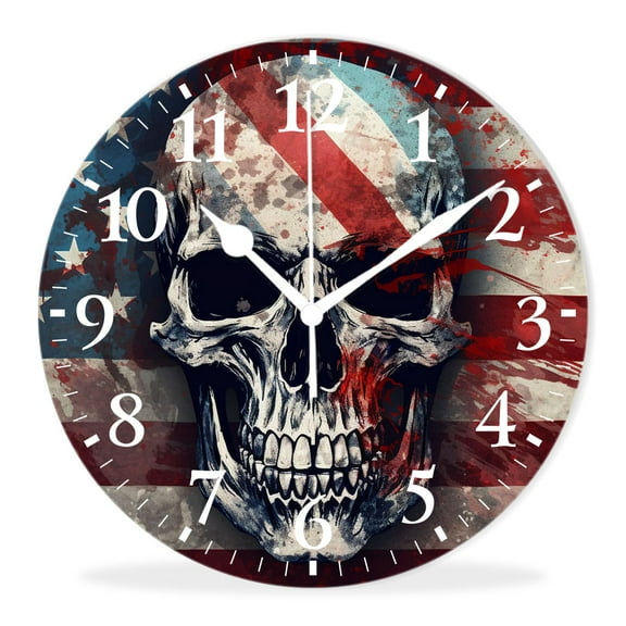 Analog Wall Clock Non-Ticking Sweep Movement Wall Clocks Battery Operated Decor Clocks for Bedroom-American Flag Skull(10inch)