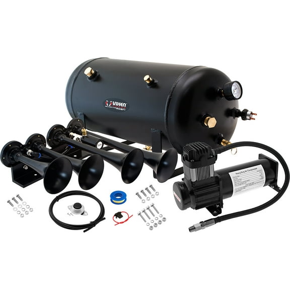 Vixen Horns Train Horn Kit for Trucks/Car/Semi. Complete Onboard System- 200psi Air Compressor, 5 Gallon Tank, 4 Trumpets. Super Loud dB. Fits Vehicles like Pickup/Jeep/RV/SUV 12v VXO8350B/4124B