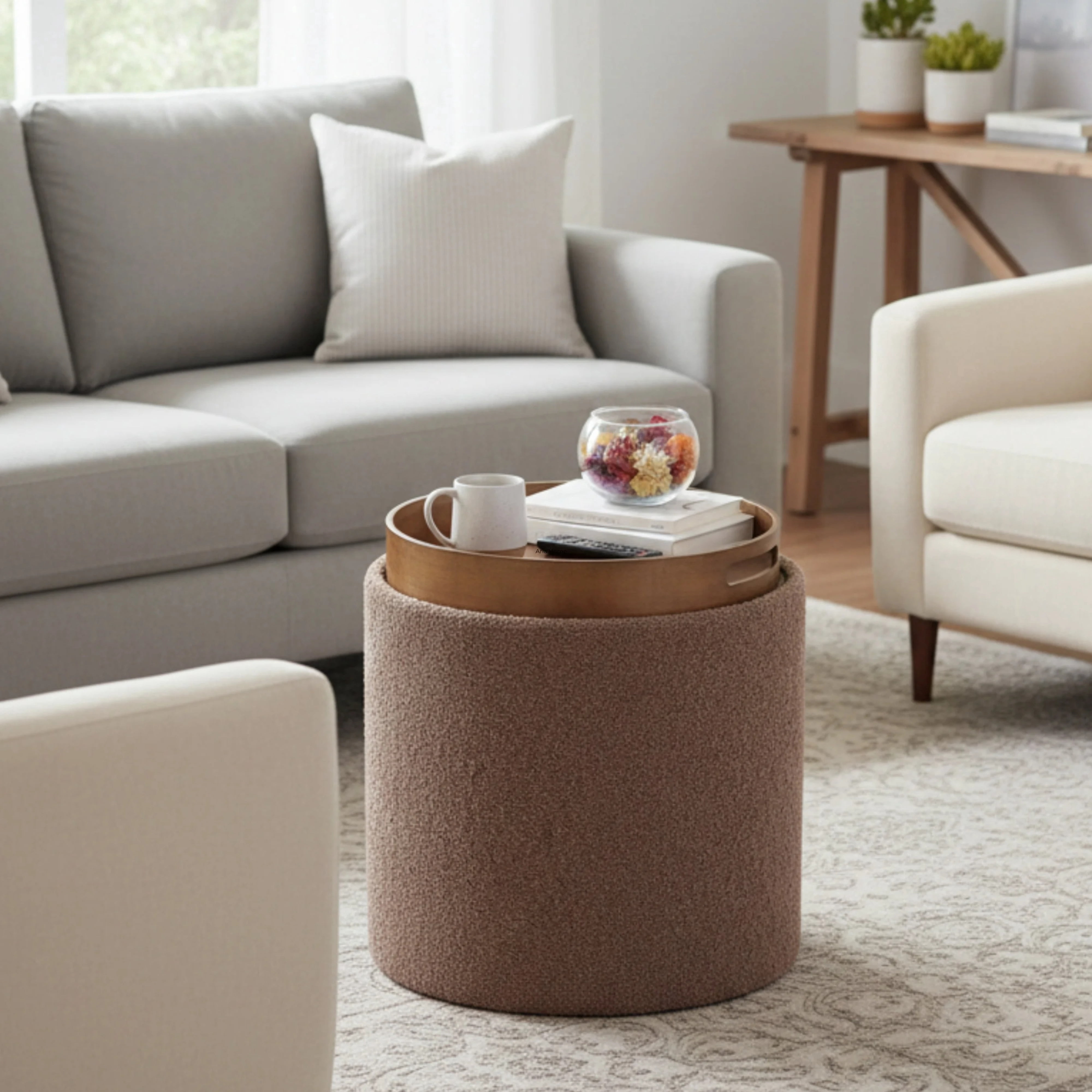 Aria Home Plush Boucle Tray Top Storage Ottoman, Modern Accent Seating & Organizer, Brown